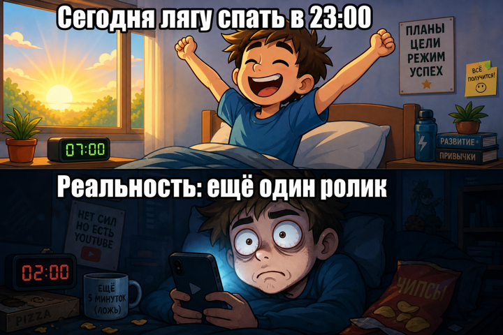 Пример мема на русском: «Сегодня лягу спать в 23:00» и «Реальность: ещё один ролик»