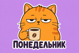 Пример стикера: кот с кружкой, надпись «ПОНЕДЕЛЬНИК»